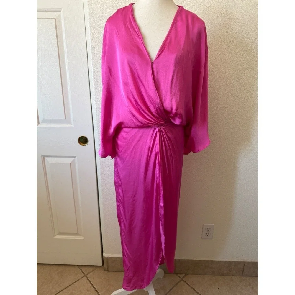 YFB Womens Pink Satin Twist Knot Midi Maxi Kaftan Dress M